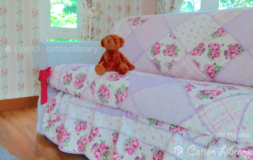 ผ้าห่ม ผ้าปูโซฟา ปูรองนั่ง คอทตอนแท้ งานควิลท์ดอกไม้สีม่วงพาสเทล