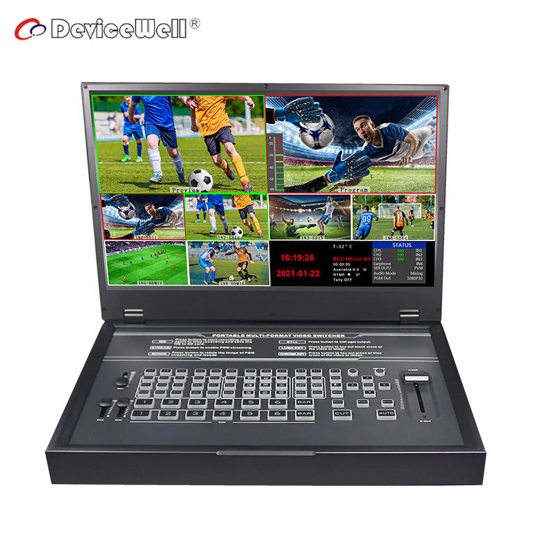 DeviceWell HDS9336: เครื่องสลับสัญญาณวิดีโอ 6 ช่อง HD SDI พกพา พร้อมจอ LCD 15.6 นิ้วในตัว, T-Bar และ Audio Faders สำหรับ Live Production มืออาชีพ