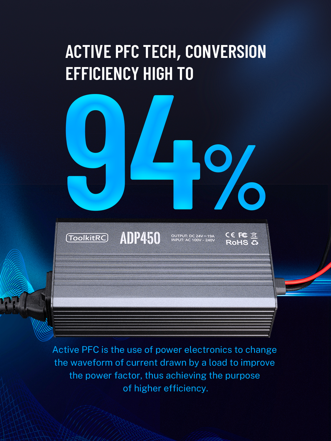 ToolkitRC ADP450 Power Supply Adapter 450W XT60 output 24V19A AC input 100V-240V M8D M6D M8P M9 Battery Charger