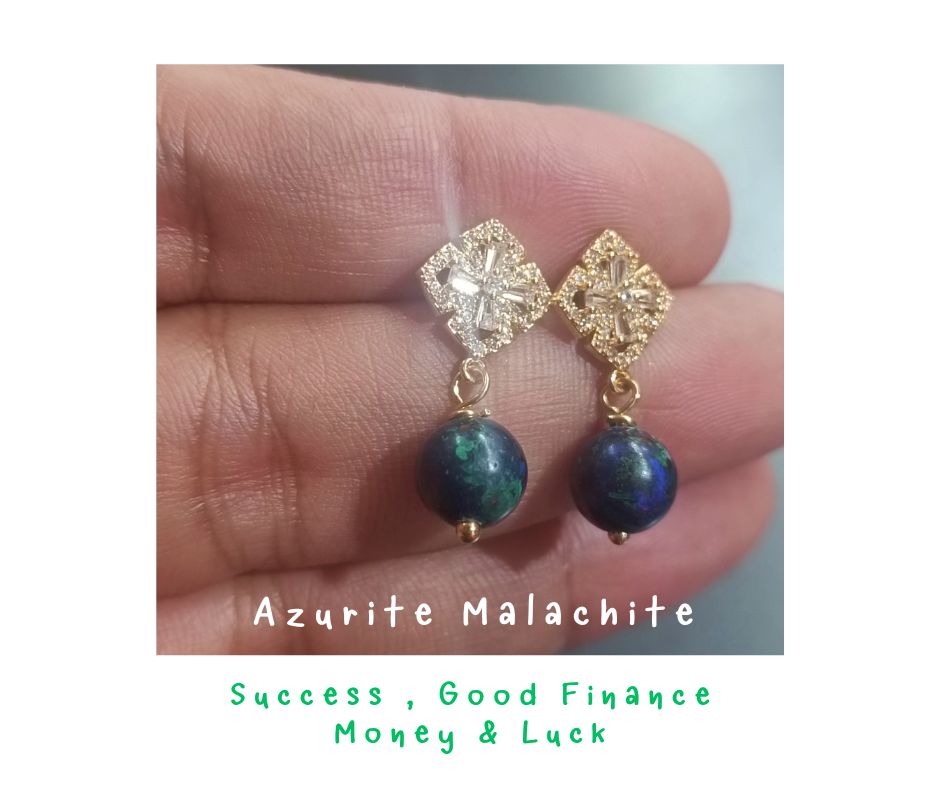 ต่างหูหินแท้"14K" Azurite Malachite Earring (Luck, Wealth , Good Fortune)