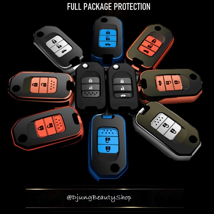 กรอบเคสกุญแจรีโมทรถยนต์ HONDA JAZZ Premium Grade แบบใหม่ 2020 ฮอนด้า (New VIP Key Shell, TPU Key Cover with PC Push button Guard) Honda Key Sets Model Jazz 2014-2019 พับข้าง 2 และ 3 ปุ่ม ใช้ได้กับกุญแจ Honda ทุกรุ่น