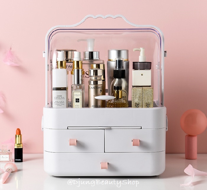 กล่องเก็บเครื่องสำอางหมุนได้ 360 องศาพร้อมกระจก แบบพกพา (Makeup Storage, Makeup Organizer, Cosmetics Storage Box, Portable Rotating Drawer Cosmetic Case with Mirror)