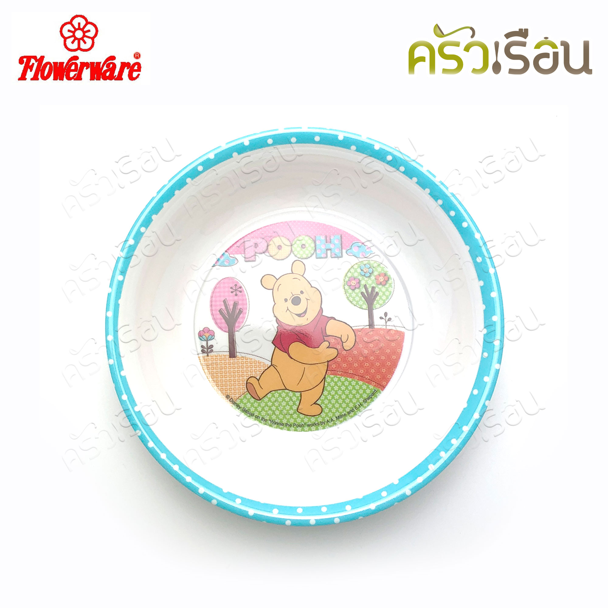 Flowerware ลาย Pooh Blue Spot white หมีพูห์ พูห์ บลู สปอต ไวท์ [ ราคาต่อชิ้น ] ชาม หรือ แก้วน้ำ หรือ ถาดหลุม เมลามีน