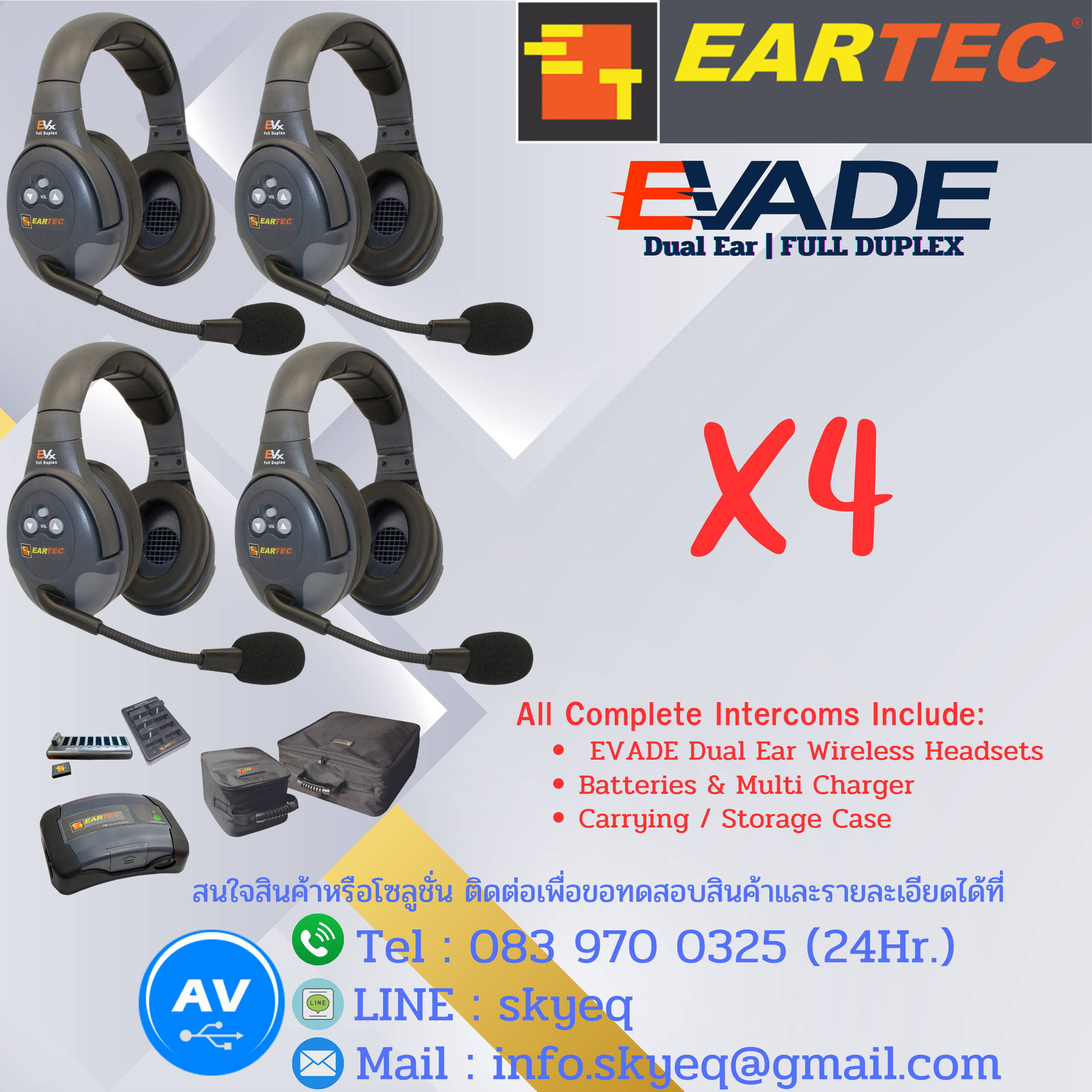 EVADE Double Channel Light Industrial Full Duplex Wireless System Dual Speaker Headsets – EVx4D-CM Four Double EVADE, One C-Mod, Batteries, Charger, Case