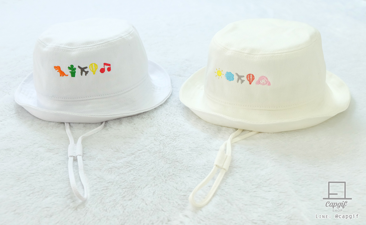 หมวกบักเก็ต(bucket)มีสายรัดปักไอคอนน่ารักๆ