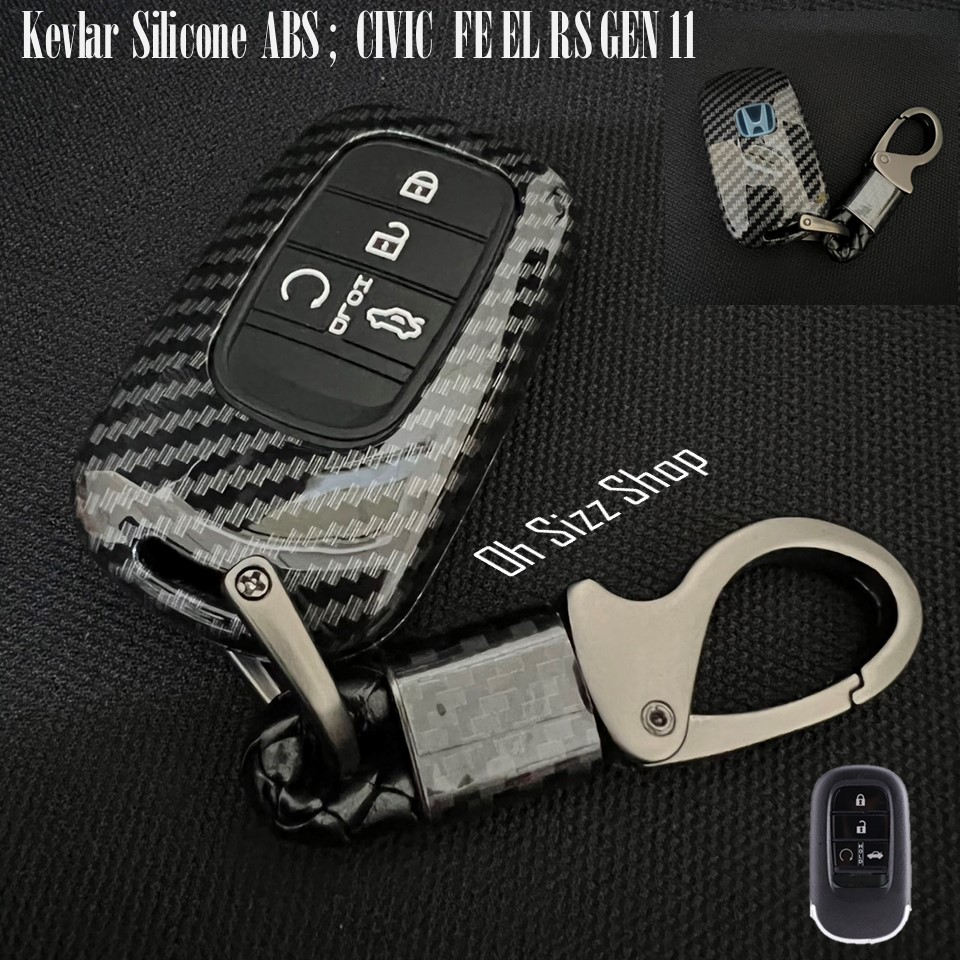 เคสรีโมทรถ Honda 2022 Civic FE HRV ลายเคฟล่า (ABS Key Cover Black Silicone Push button Guard) ; Honda Civic FE EL RS Accord HRV2022 Gen 11