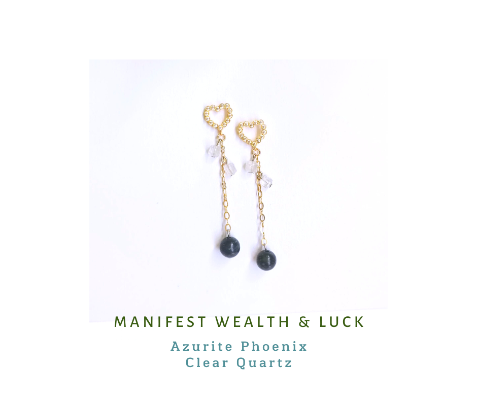 ต่างหูหินแท้ "14K" Azurite Phoenix + Clear Quartz Earring ( Manifest Wealth & Luck)