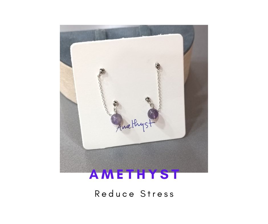 ต่างหูเงินแท้ 92.5 ประดับหินแท้ Amethyst Sterling Silver Earring (Reduce Stress)