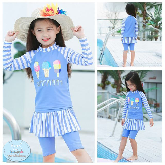 ชุดว่ายน้ำเด็กผู้หญิงป้องกันรังสีUV เสื้อแขนยาว กางเกงกระโปรงขา 3 ส่วน พร้อมหมวก ลายไอศครีม