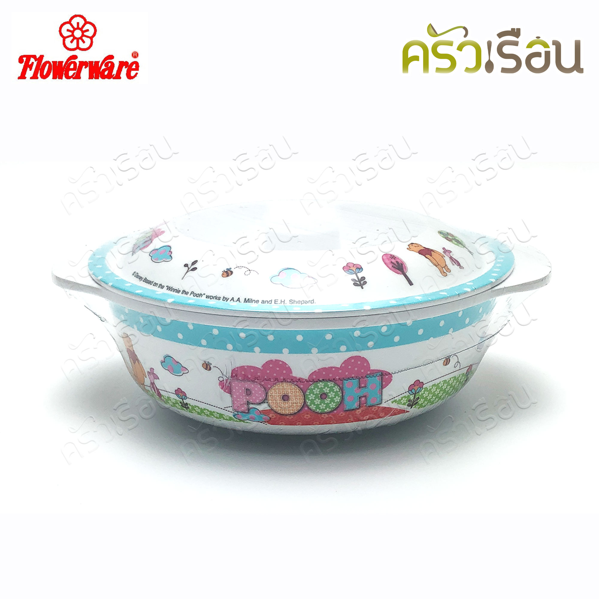 Flowerware ลาย Pooh Blue Spot white หมีพูห์ พูห์ บลู สปอต ไวท์ [ ราคาต่อชิ้น ] ชาม หรือ แก้วน้ำ หรือ ถาดหลุม เมลามีน