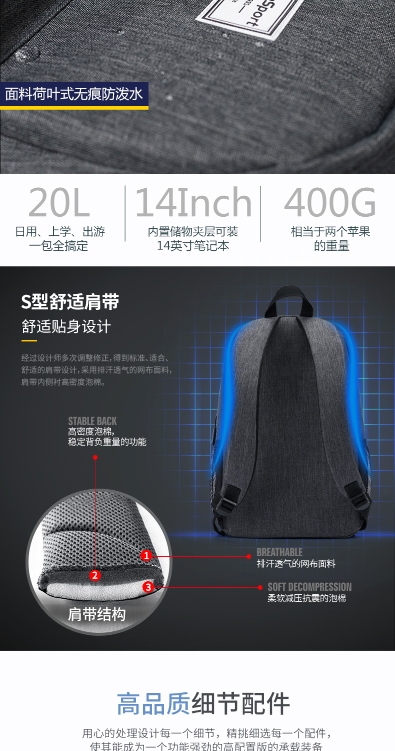 AspenSport Backpack Laptop กระเป๋าสะพายหลัง กระเป๋าโน๊ตบุ๊ค 14-16 นิ้ว กระเป๋าเดินทาง รุ่น AS-B81 ขนาด ดำ-เทา
