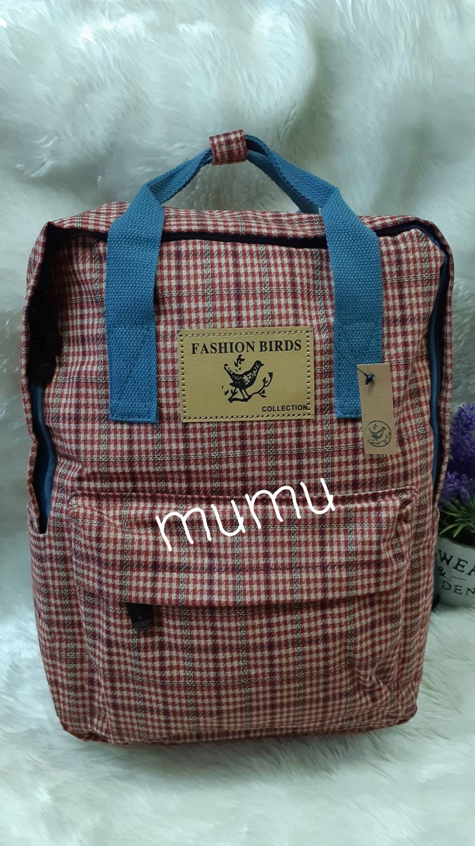 กระเป๋าเป้ผ้าสะพายหลัง mumu ผ้าเคลือบกันน้ำ ลายสก๊อตแดง ฟ้า (Size L)