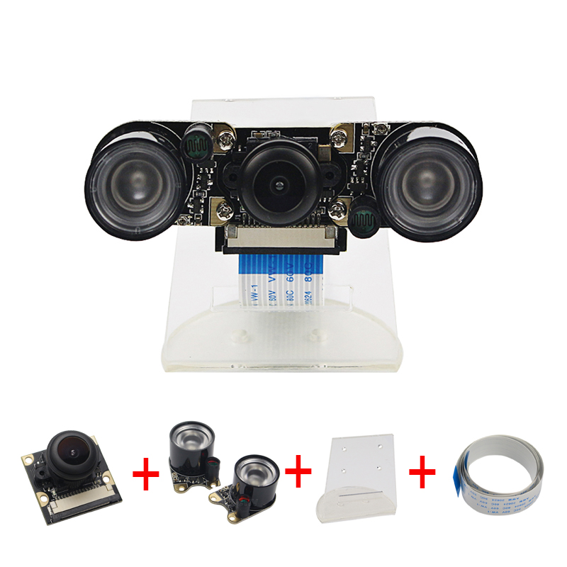 Raspberry Pi Camera RPI Fisheye Wide Angle Night Version Camera + Acrylic Holder + IR Light + FFC Cable for Raspberry Pi 3 B+/ 3