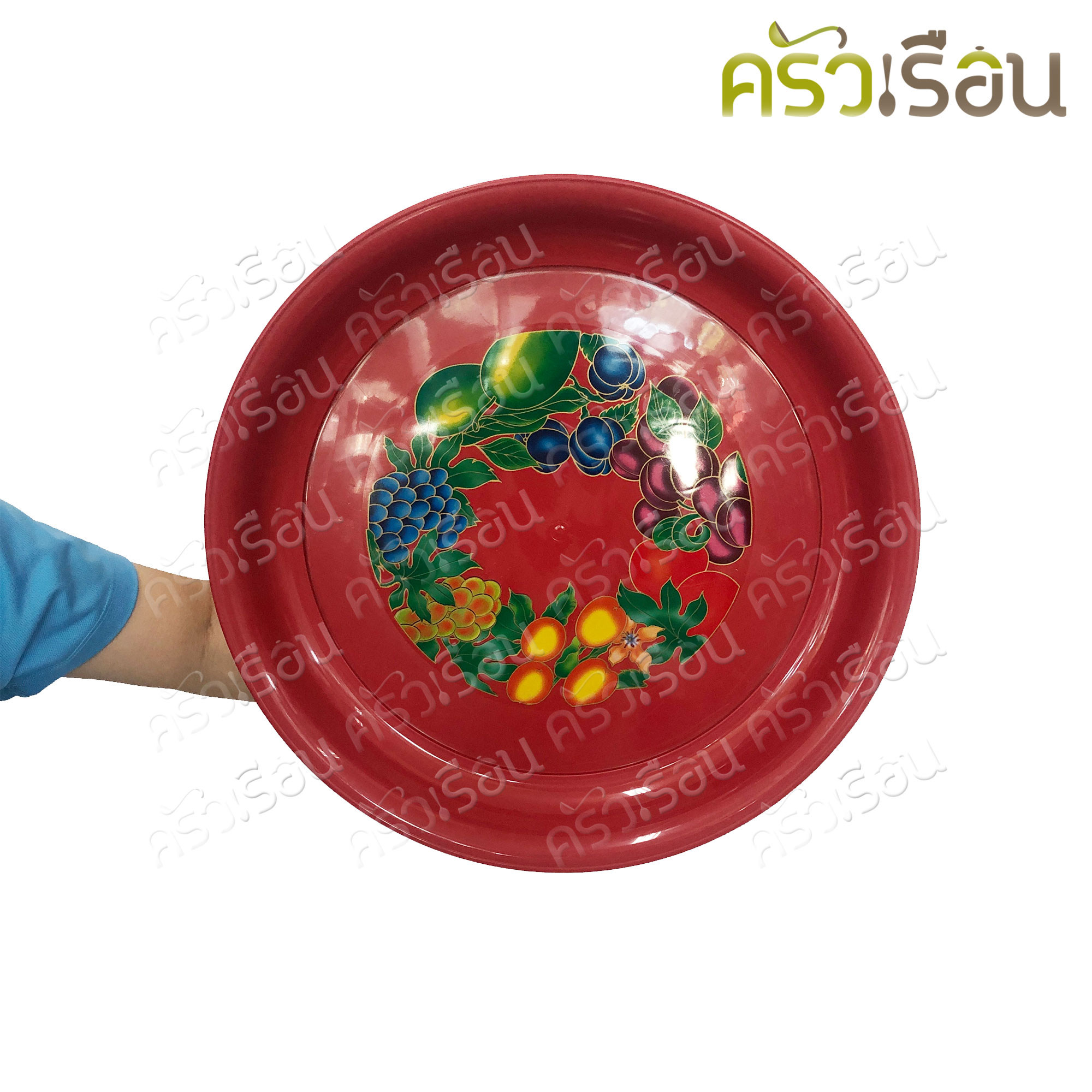 ตรารถไฟ ถาดกลม พลาสติก สีแดง ลายผลไม้ มี 2 ขนาด ให้เลือก ราคาต่อใบ
