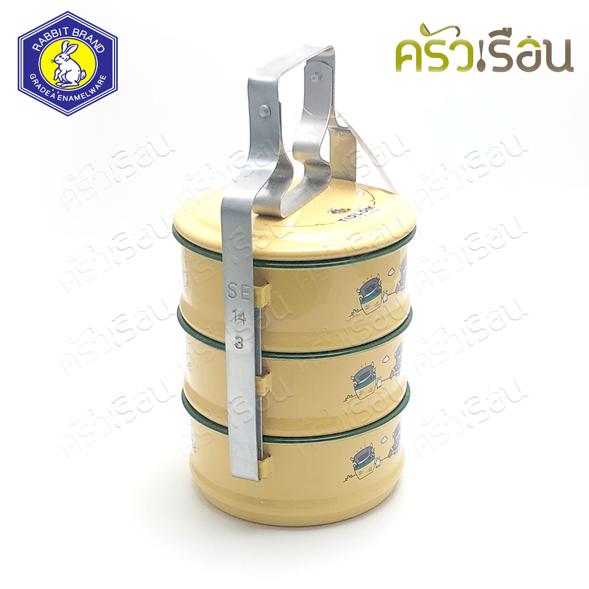 Rabbit Brand ปิ่นโตเคลือบ 14 ซม. 3 ชั้น ลายการ์ตูน ติดลมห้อยเวหา Tidlom The Sky Hanger ปิ่นโตโบราณ ปิ่นโต enamel ตรากระต่าย