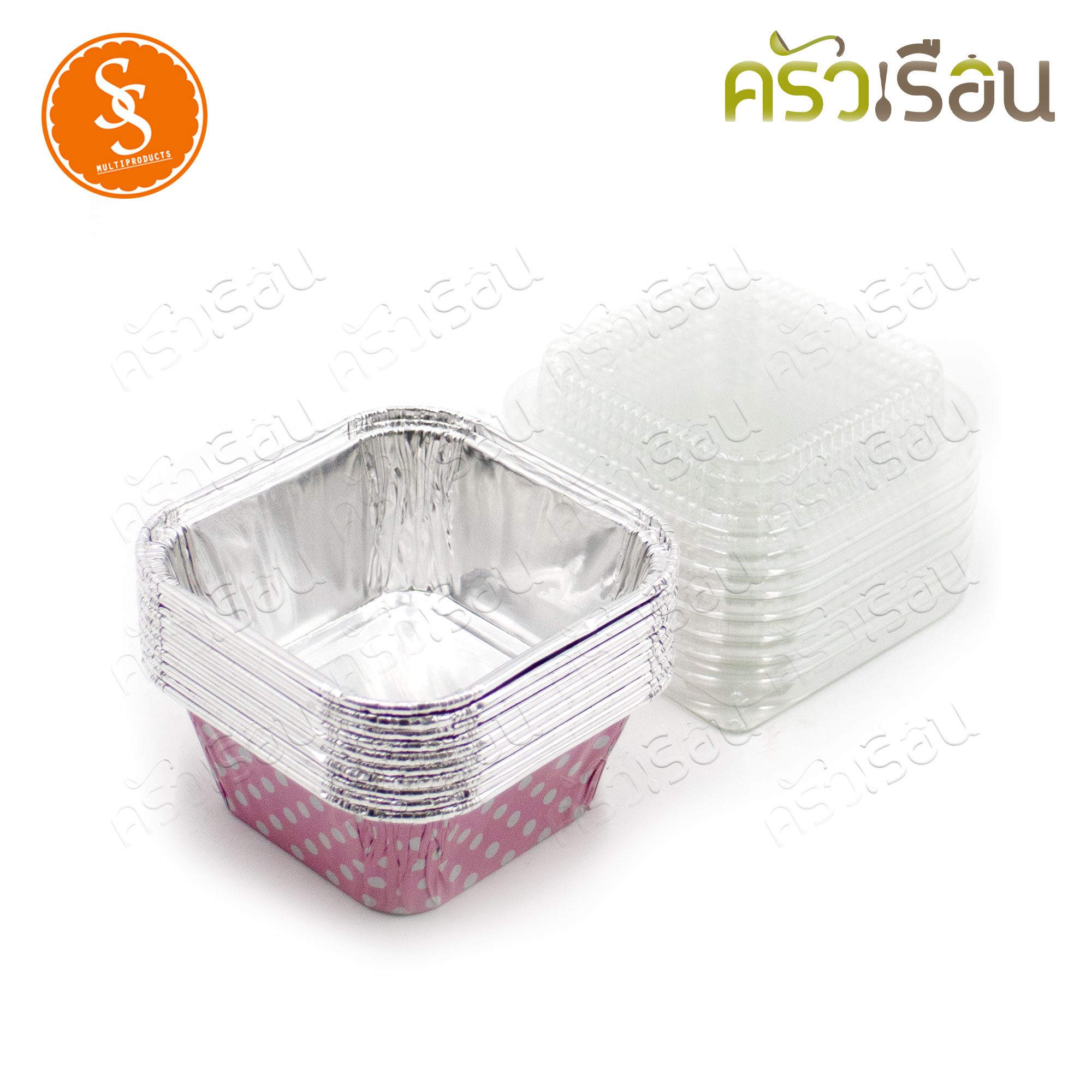 SS 4001 ถาดฟอยล์เหลี่ยม จตุรัส สีชมพูลายจุุดขาว + ฝา 10 ชุด ความจุ 90 ml. ขนาด 76 x 52 x 30 มม. ถาดฟอล์ย