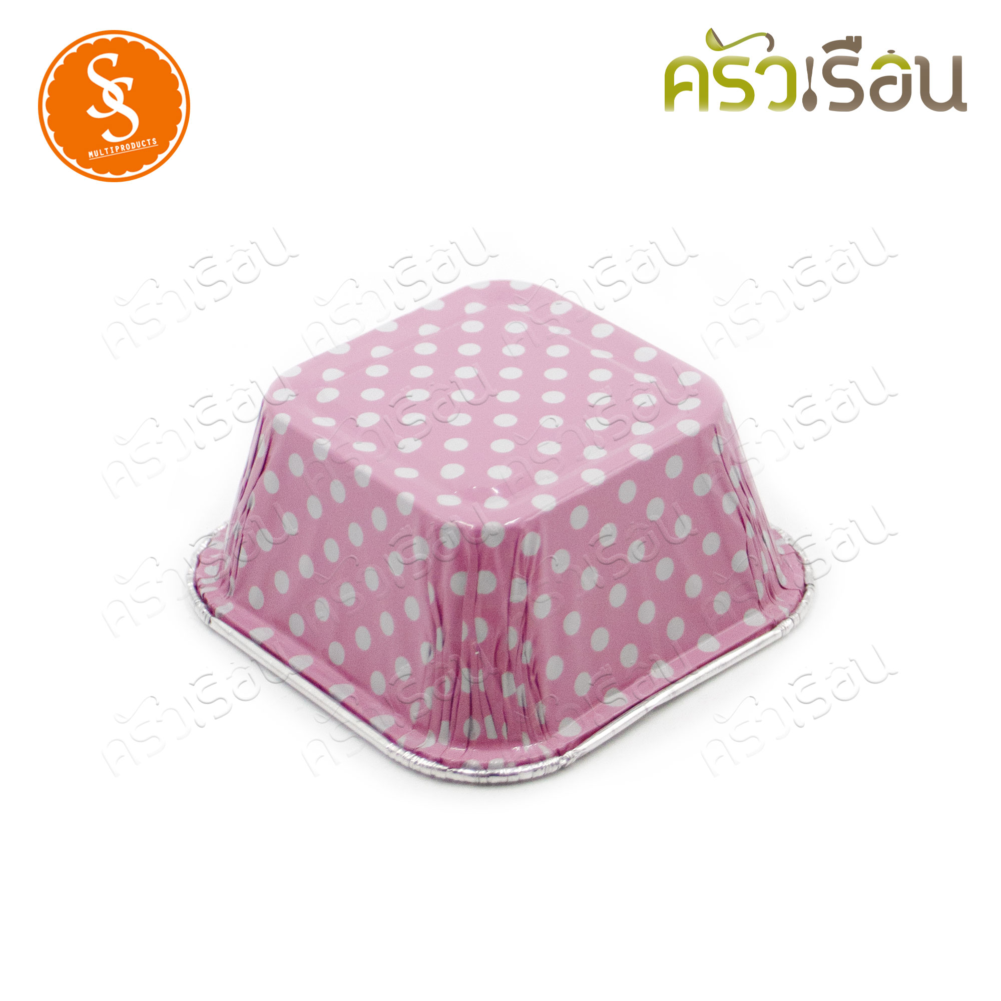 SS 4001 ถาดฟอยล์เหลี่ยม จตุรัส สีชมพูลายจุุดขาว + ฝา 10 ชุด ความจุ 90 ml. ขนาด 76 x 52 x 30 มม. ถาดฟอล์ย