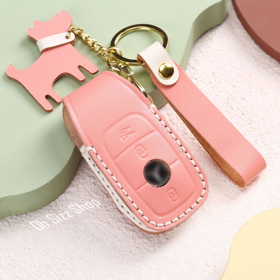 เคสหนังพาสเทลรีโมทรถ Mercedes Benz 2022 งานหนังวัว พรีเมียมเกรด Premium Grade Hallmo HANDMADE ทรงคลาสสิค (Cowhide Leather Key Case Key Sets ; Key Sets E-Class , GLA และ GLC
