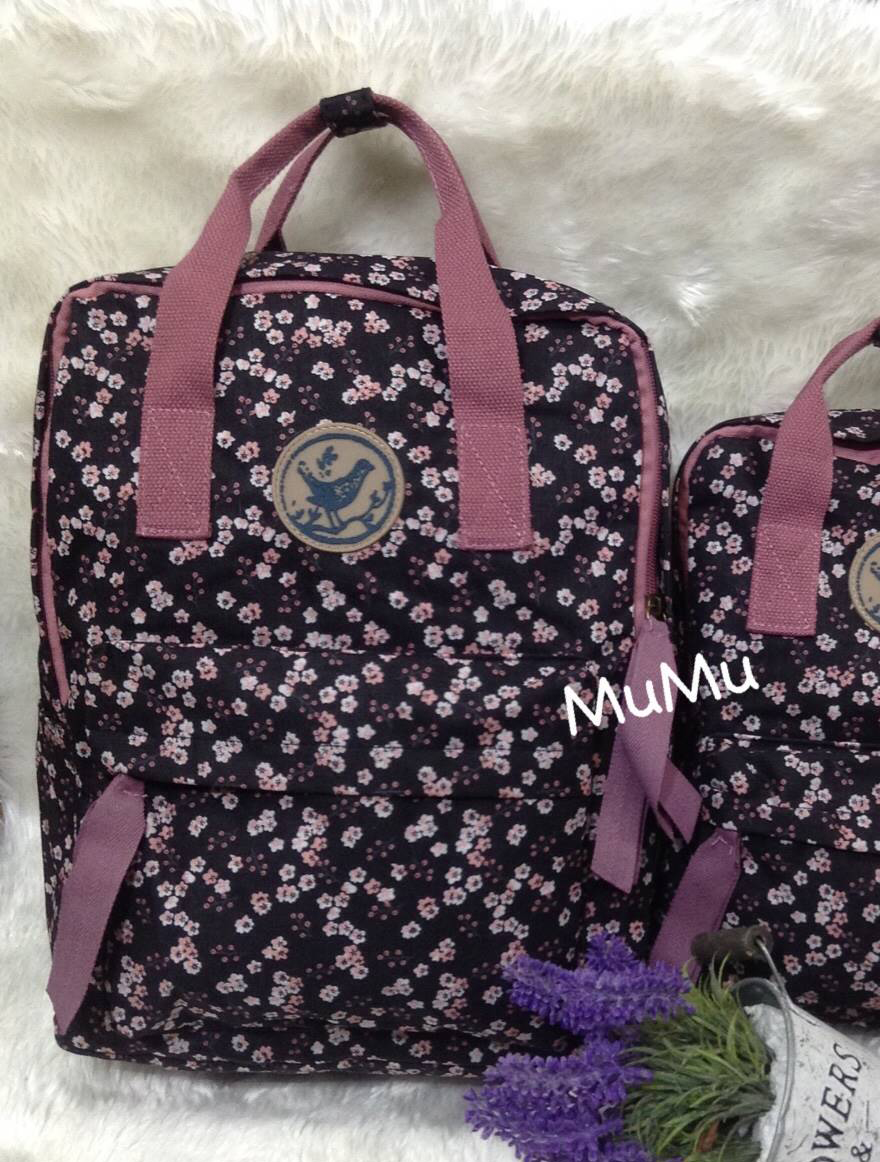 กระเป๋าเป้ผ้าสะพายหลัง mumu ผ้าเคลือบกันน้ำ ลายดอกไม้น้ำเงิน ชมพู (Size L)