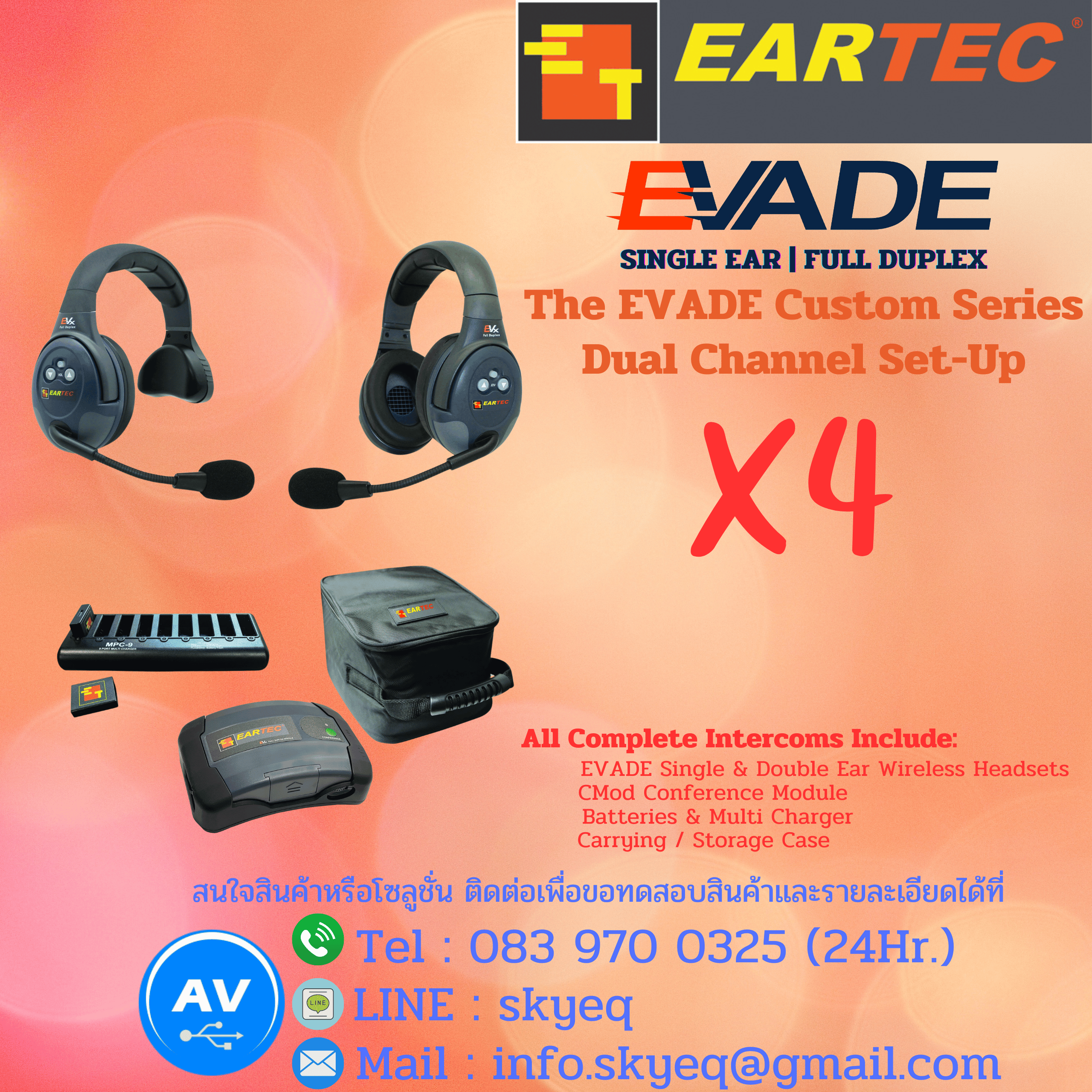 EVADE Double Channel Light Industrial Full Duplex Wireless System Single & Dual Speaker Headsets – EVx422-CM 2 Single, 2 Double EVADE, One C-Mod, Batteries, Charger, Case