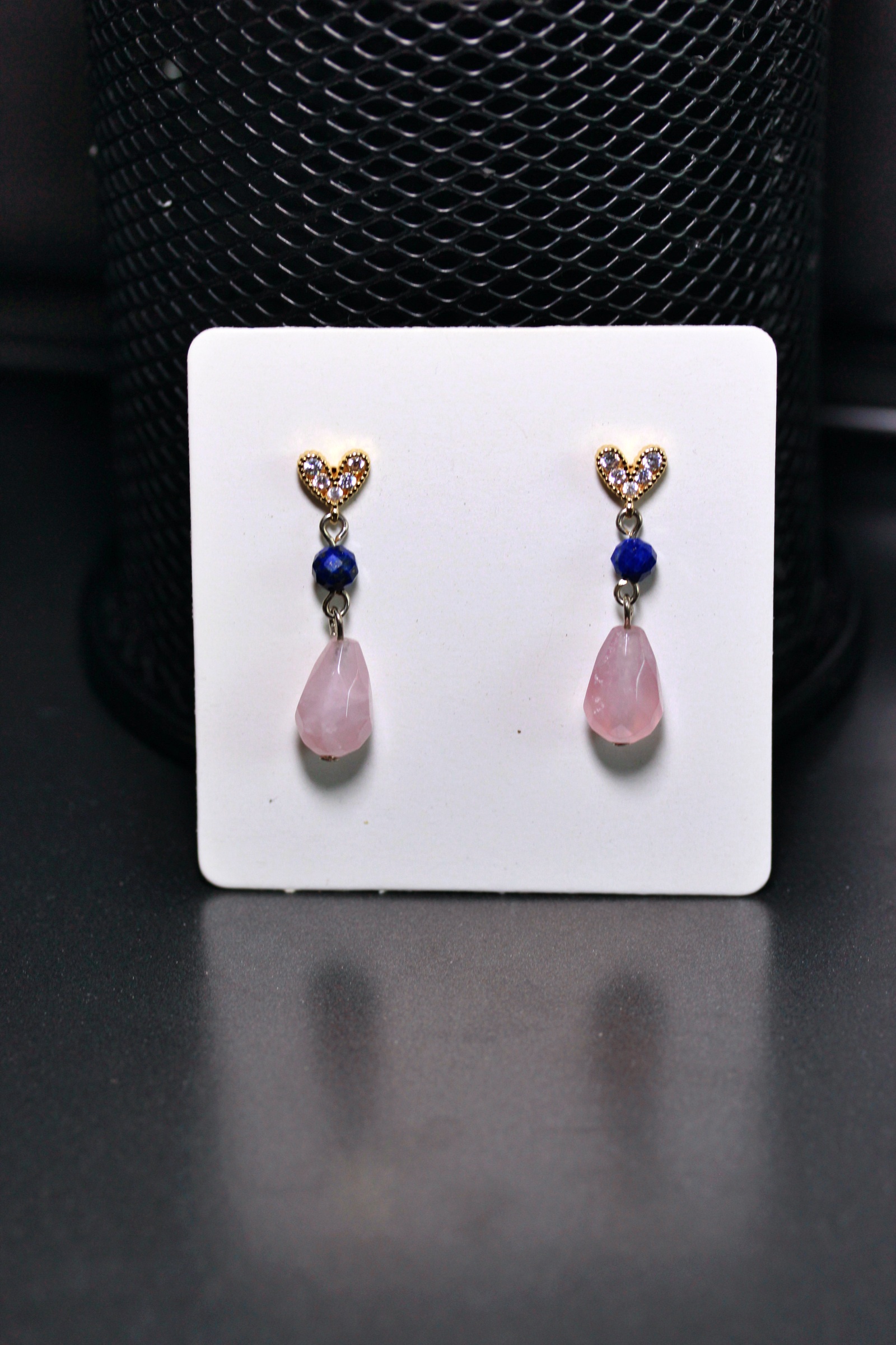 ต่างหูหินแท้ "14K" Rose Quartz +Lapis Lazuli Earrings (For Love and Relationship)