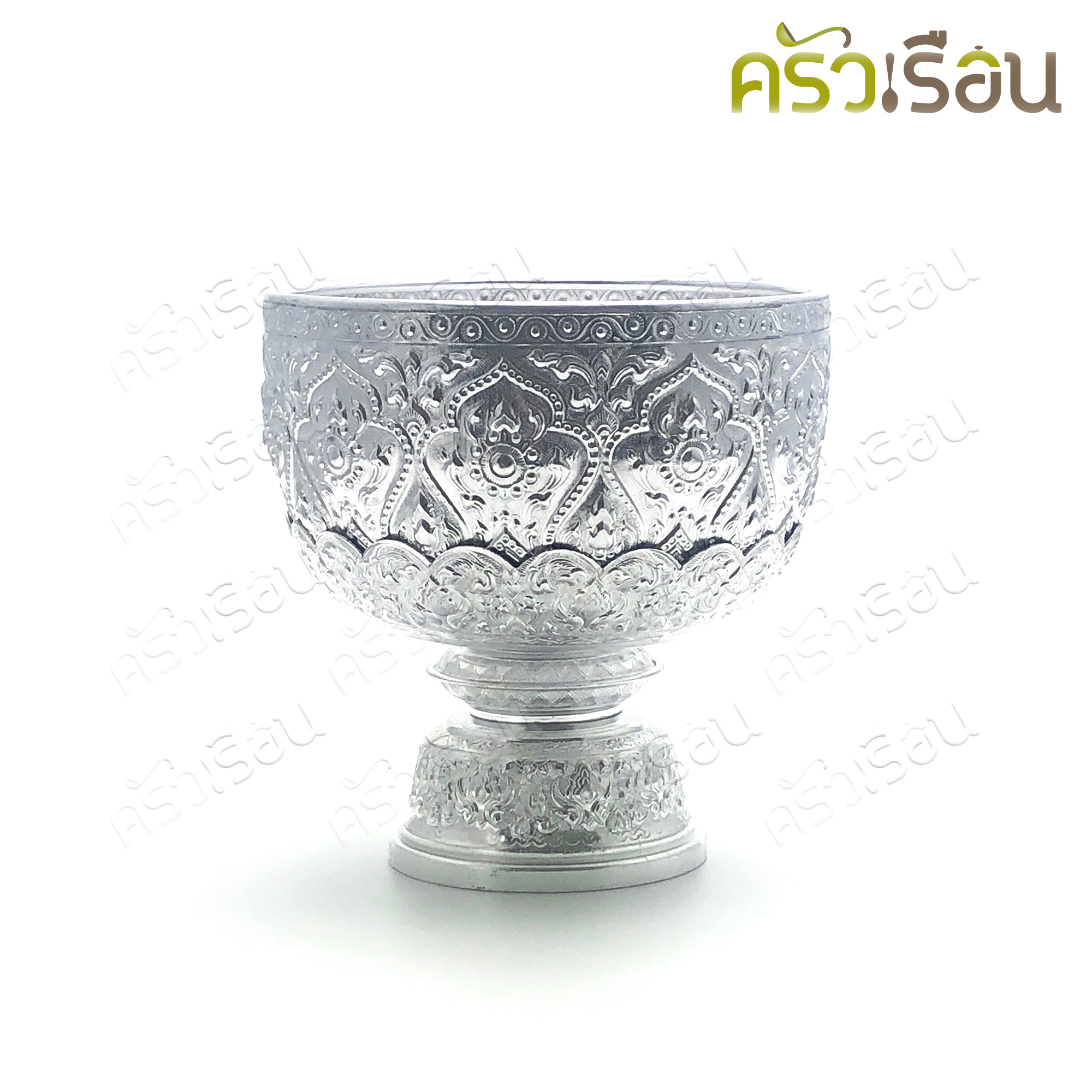 Aluminium Thai style water bowl with standing tray and Thai style Ladle, silver, top dimension 20 cm. ได้ทัพพีด้วย