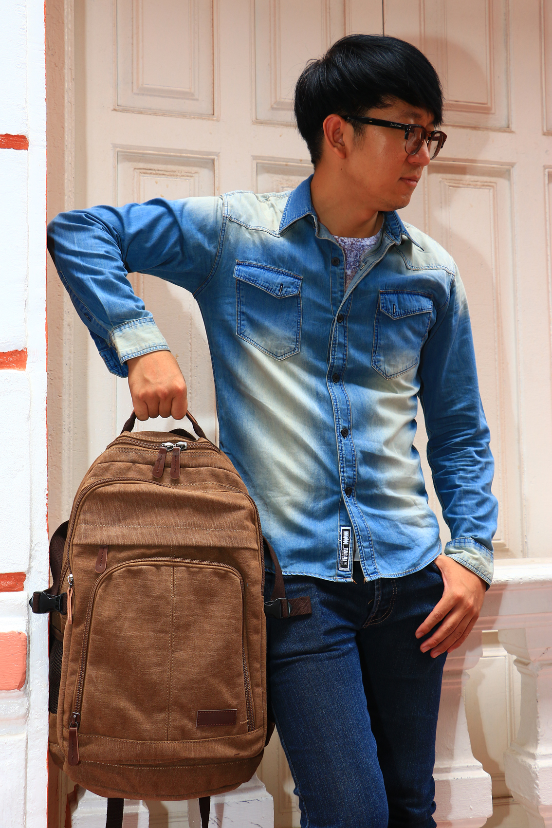 กระเป๋าเป้สะพายหลัง Outdoor Vintage Style อเนกประสงค์ สีน้ำตาลเข้ม B086