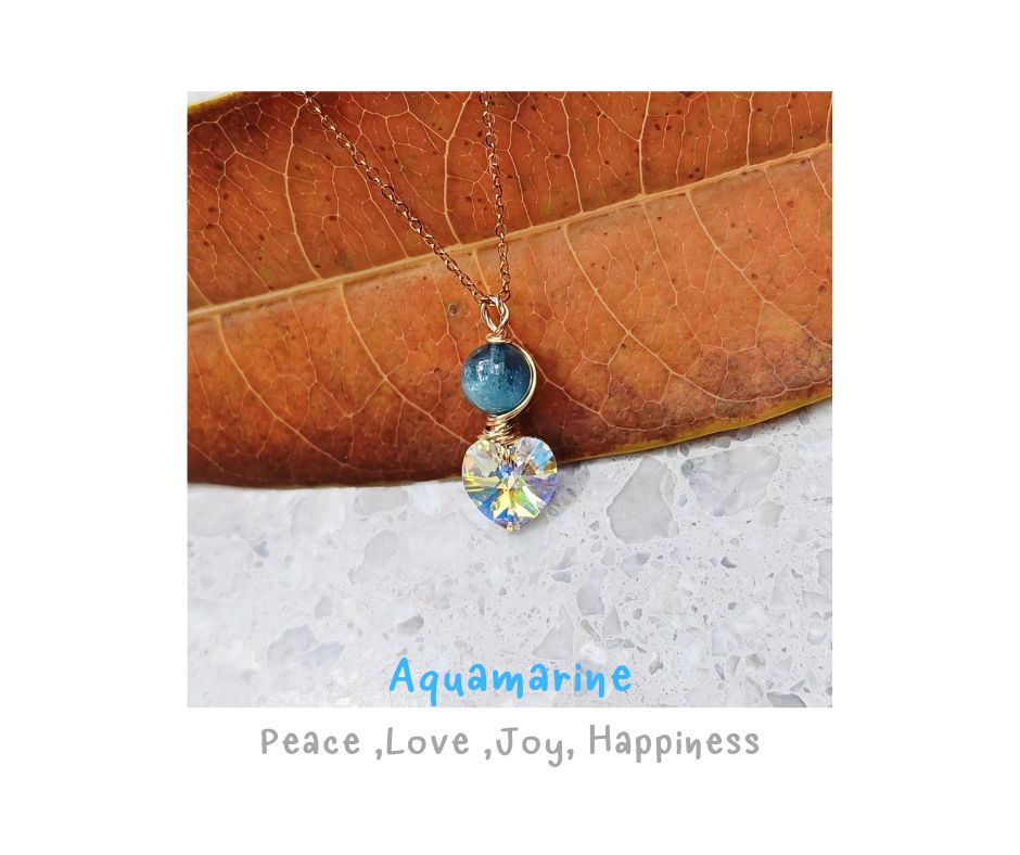 สร้อยจี้หินแท้ ฺBlue Devil Aquamarine + Heart Crystal Pendant Necklace (เสริมการสื่อสาร ในความรัก ความสัมพันธ์)