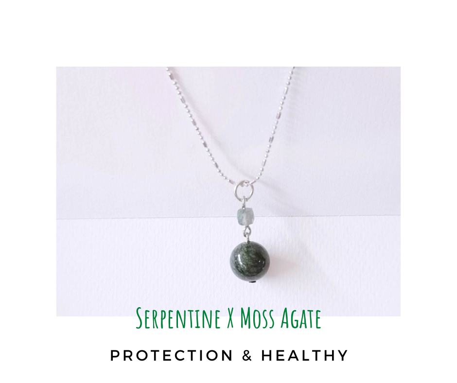 สร้อยคอพร้อมจี้หินแท้ Serpentine + Moss Agate Pendant Necklace (เสริมสุขภาพแข็งแรง)