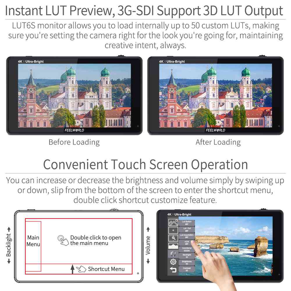 FEELWORLD LUT6S: จอภาพ 6 นิ้ว 2600nits HDR / 3D LUT หน้าจอสัมผัสสำหรับกล้อง DSLR Field Monitor 3G-SDI 4K HDMI