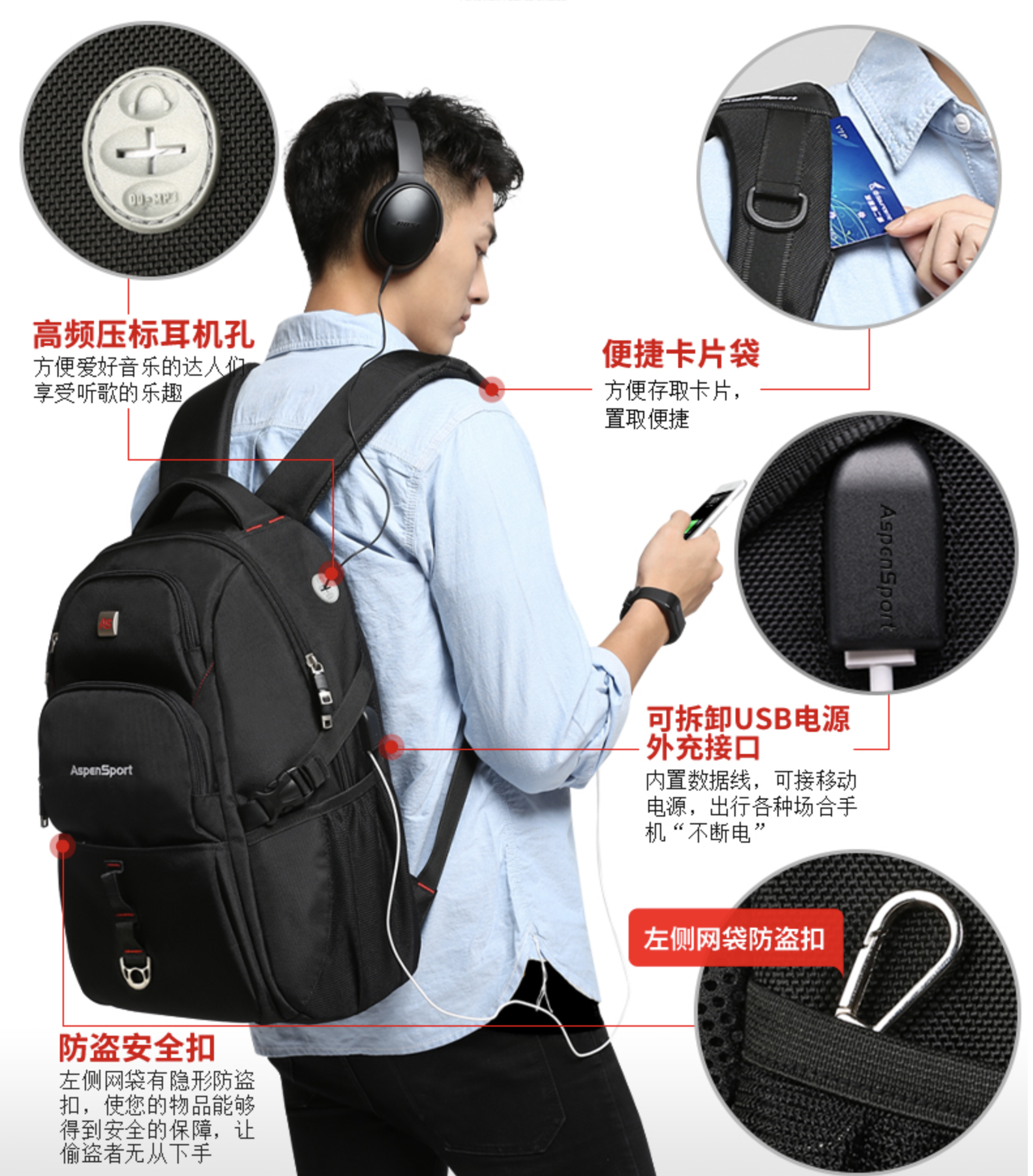 AspenSport Backpack Laptop กระเป๋าสะพายหลัง กระเป๋าโน๊ตบุ๊ค 14-16 นิ้ว กระเป๋าเดินทาง รุ่น AS-B63 ขนาด สีดำ