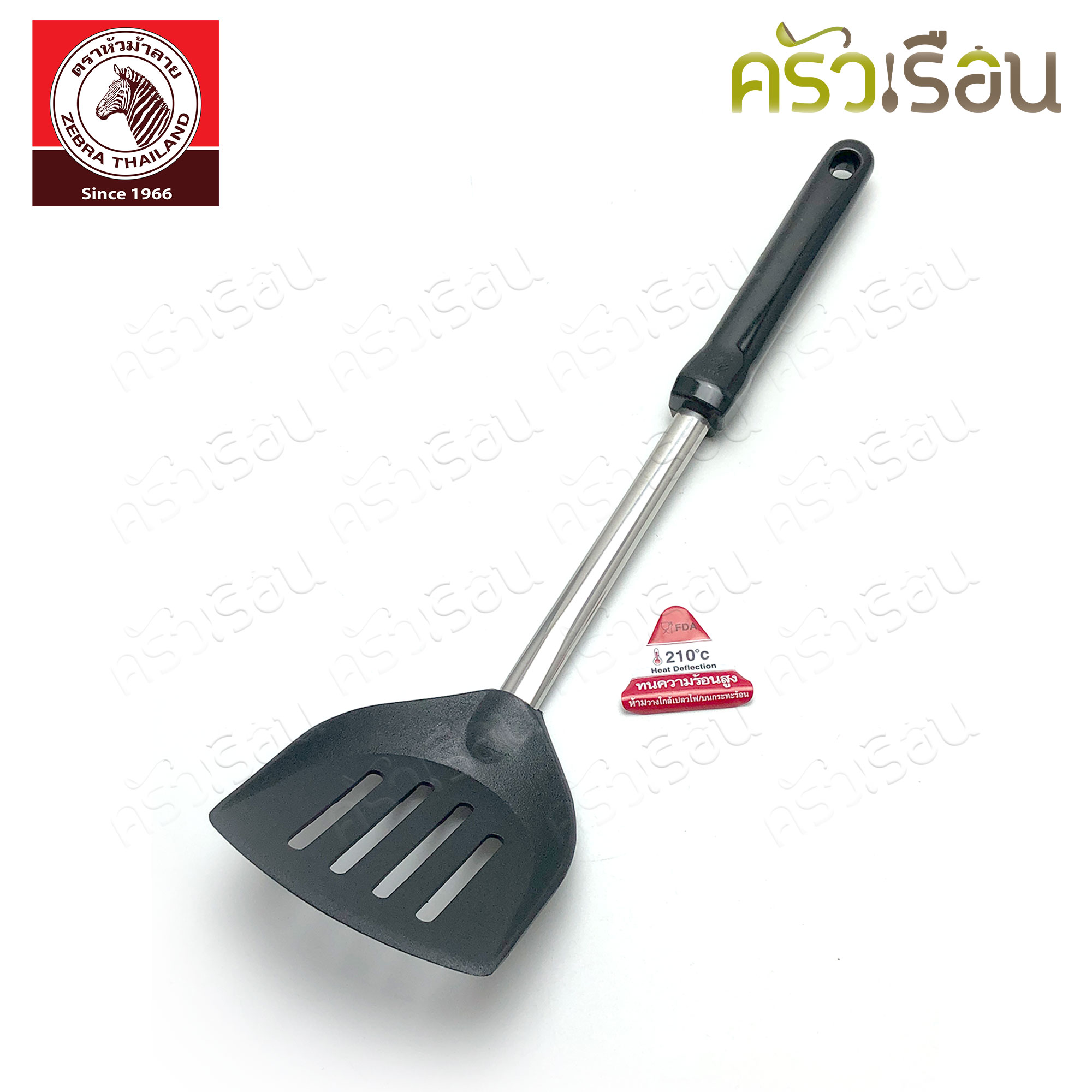 ZEBRA ตะหลิวโปร่ง ไนล่อน โฟกัส 9.8 x 37.5 ซม. ตราหัวม้าลาย 104111 ตะหลิว มีรู ใช้กับกระทะเทฟล่อน ตะหลิวเทฟล่อน ตะหลิวไนล่อน ตะหลิวตักของทอด