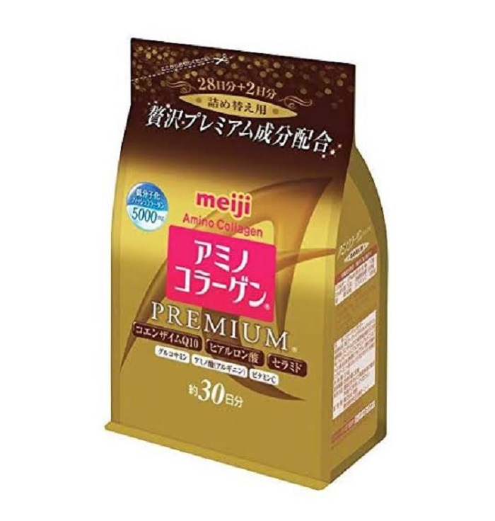 Meiji Amino Collagen Premium Refill 214g.รุ่นพรีเมี่ยม ผิวเด้งใสแน่นอน รุ่นใหม่ เมจิ คอลลาเจน รุ่นพรีเมียม สีทอง เพิ่มเซรามิโดะ + Hyaloronich + Q10 + Vit C
