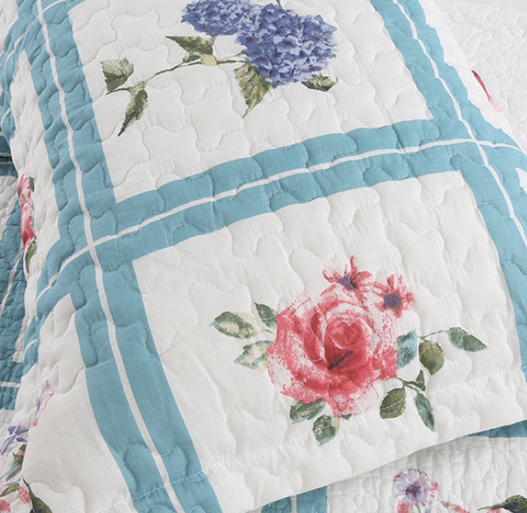 ชุดเครื่องนอนวินเทจ 3 ชิ้น งานควิลท์ สีขาวไฮเดรนเยีย ฮัมมิ่งเบิร์ด