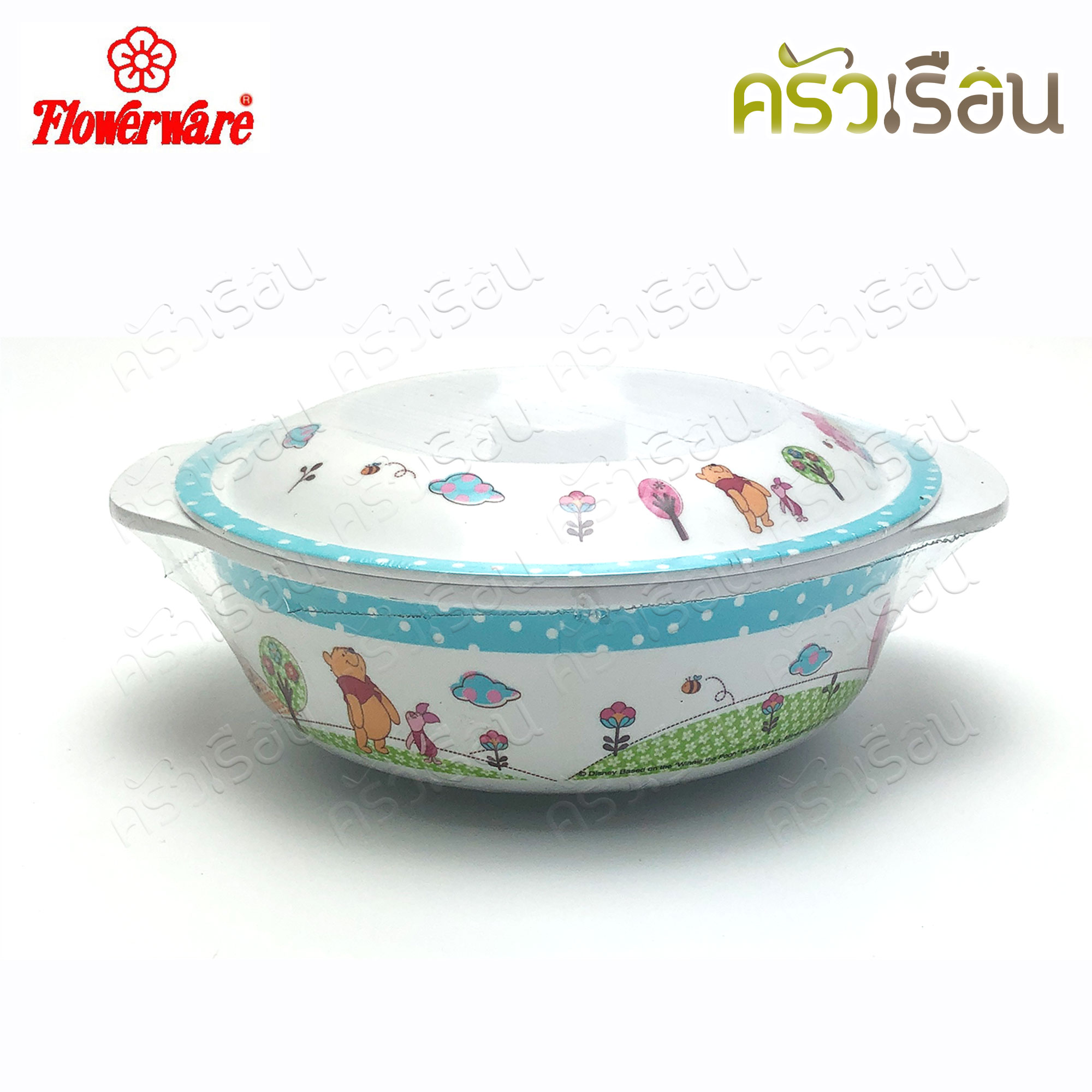 Flowerware ลาย Pooh Blue Spot white หมีพูห์ พูห์ บลู สปอต ไวท์ [ ราคาต่อชิ้น ] ชาม หรือ แก้วน้ำ หรือ ถาดหลุม เมลามีน