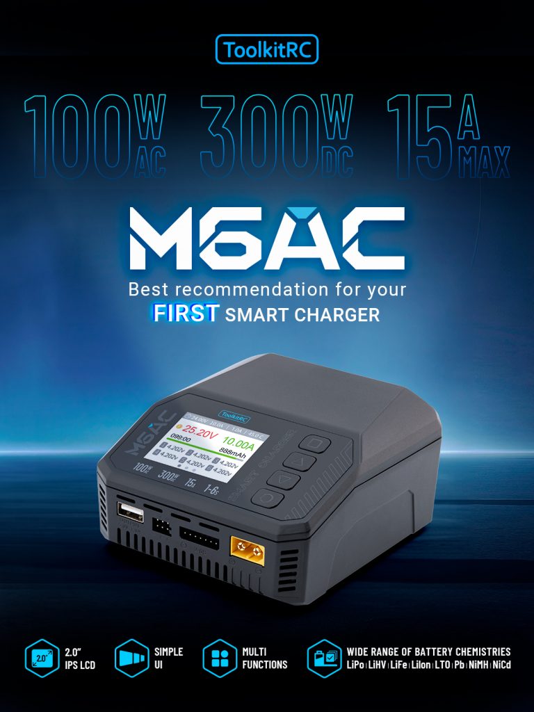 ToolkitRC M6AC 300W 15A Dual Input Multi-function Battery Charger IPS LCD Display For 1-6S Lipo LiHV LiFe, 1-16S NiMH