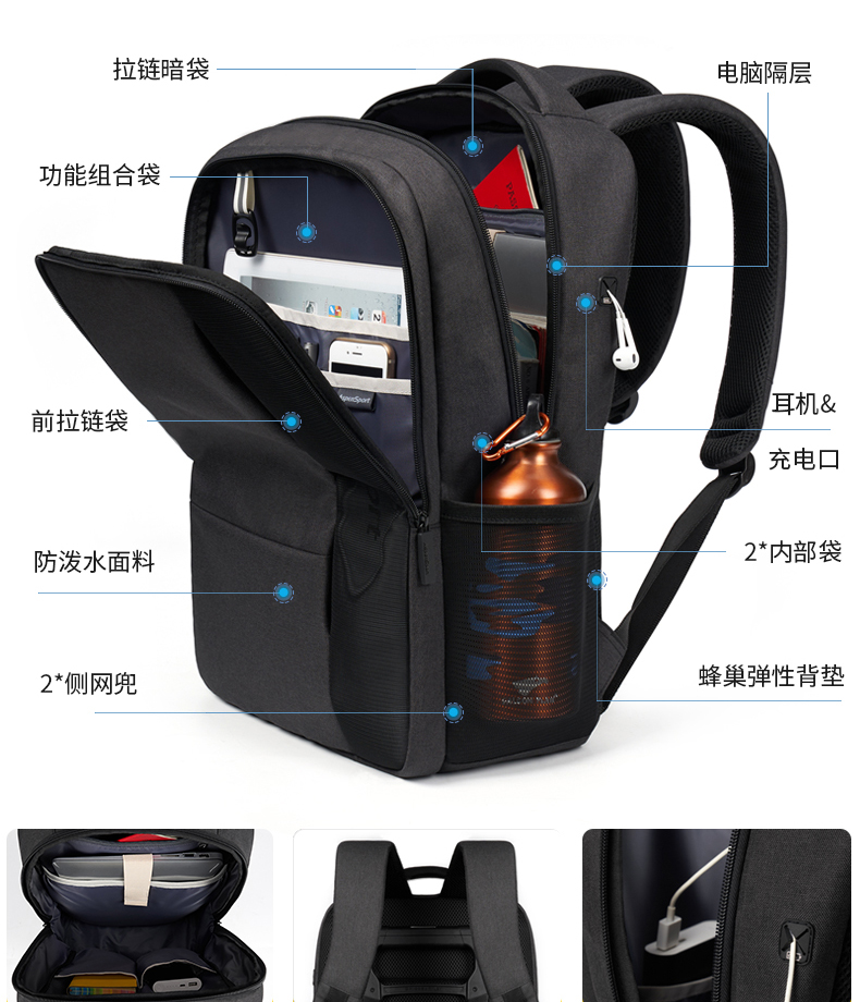 AspenSport Backpack Laptop กระเป๋าสะพายหลัง กระเป๋าโน๊ตบุ๊ค 14-16 นิ้ว กระเป๋าเดินทาง รุ่น AS-B96 ขนาด สีดำ
