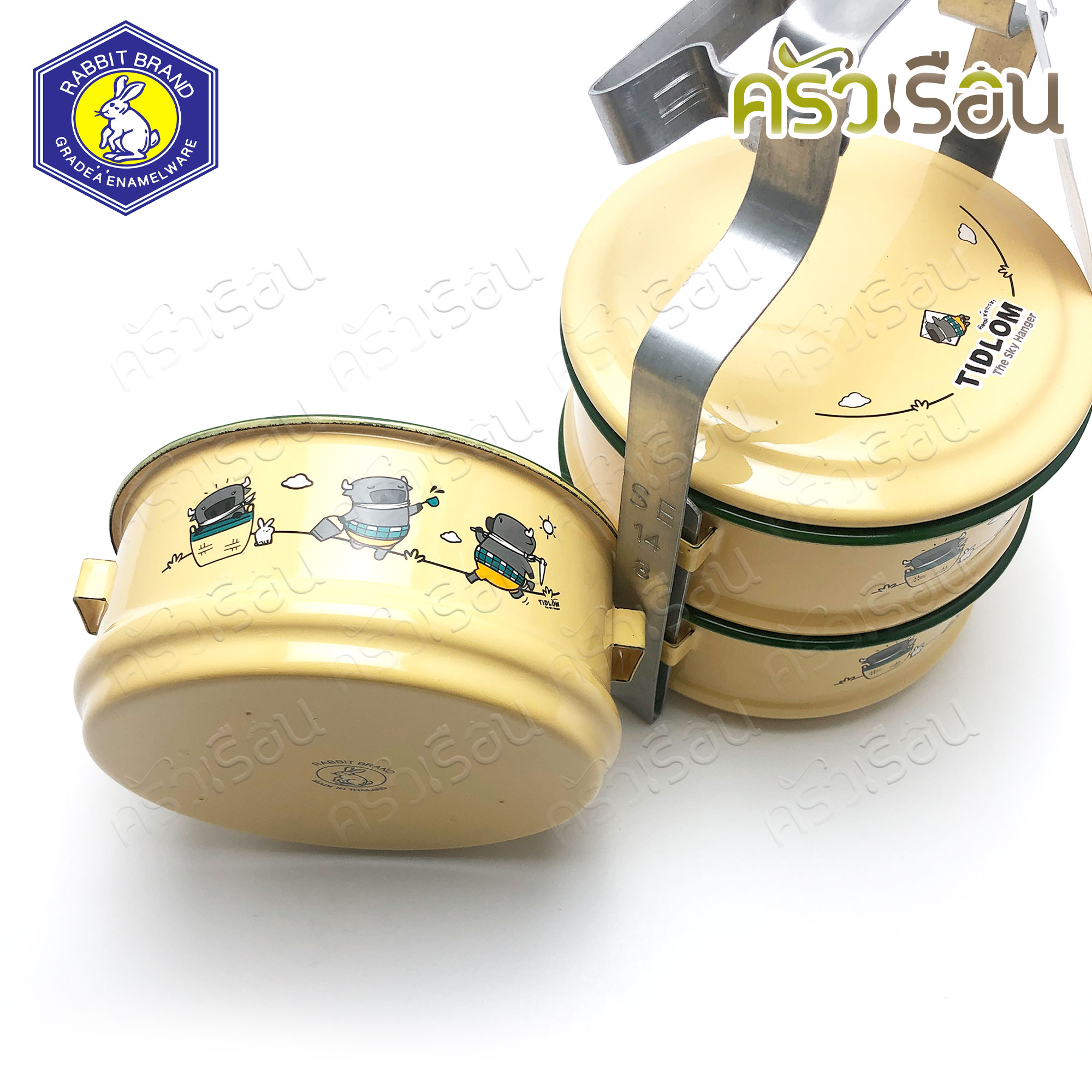 Rabbit Brand ปิ่นโตเคลือบ 14 ซม. 3 ชั้น ลายการ์ตูน ติดลมห้อยเวหา Tidlom The Sky Hanger ปิ่นโตโบราณ ปิ่นโต enamel ตรากระต่าย