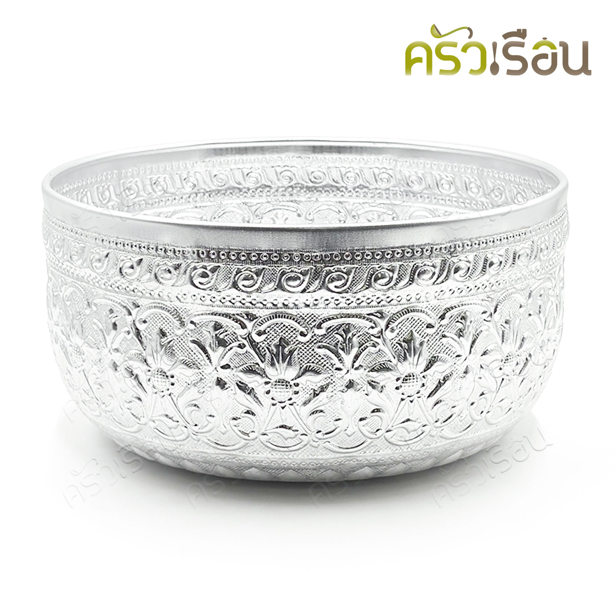 FLOWER BRAND ขันน้ำ ลายไทย ขันสงกรานต์ อลูมิเนียม สีเงิน 32 ซม. มีขา ตราดอกไม้