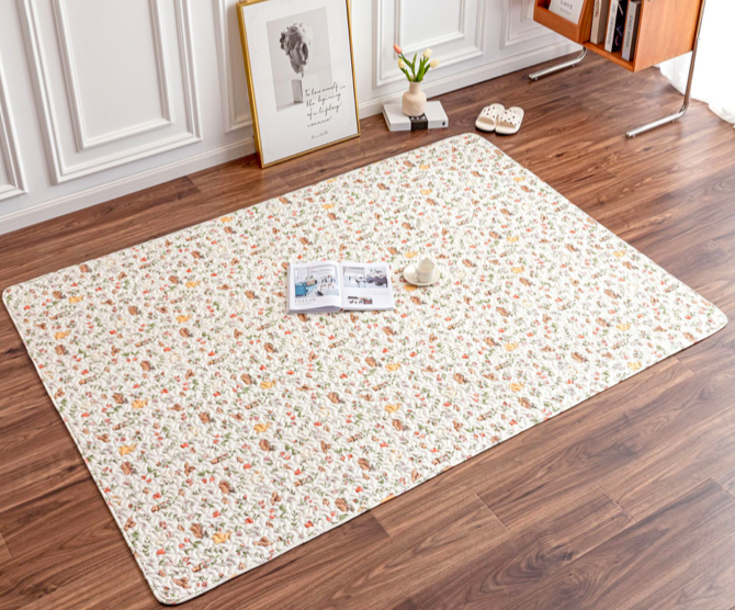 พรมรองนั่งวินเทจ ผ้ารองคลาน พรมหน้าเตียง ผ้าน้องหมา 200x210 cm. ลายกระต่ายน้อย เนื้อ cotton แท้ ครีม