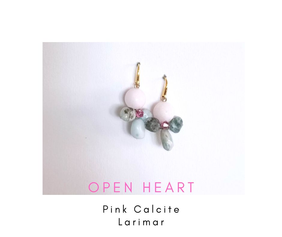 ต่างหูหินแท้ "Little Vivian" Pink Calcite + Larimar Earring ( Heart Chakra , Heart Grow)