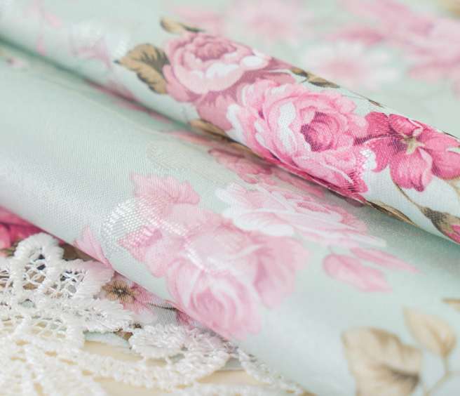 ผ้าปูโต๊ะอาหาร ผ้าปูโต๊ะลายวินเทจ 40x200 cm table runner กุหลาบพาสเทล เขียวอมฟ้า