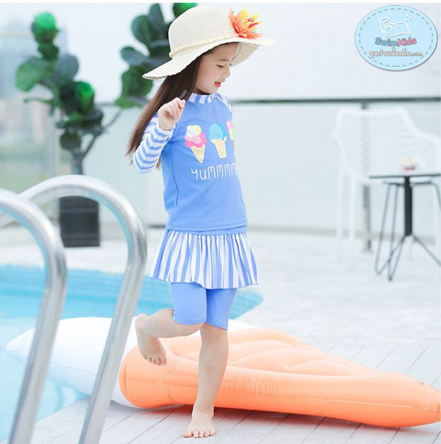 ชุดว่ายน้ำเด็กผู้หญิงป้องกันรังสีUV เสื้อแขนยาว กางเกงกระโปรงขา 3 ส่วน พร้อมหมวก ลายไอศครีม