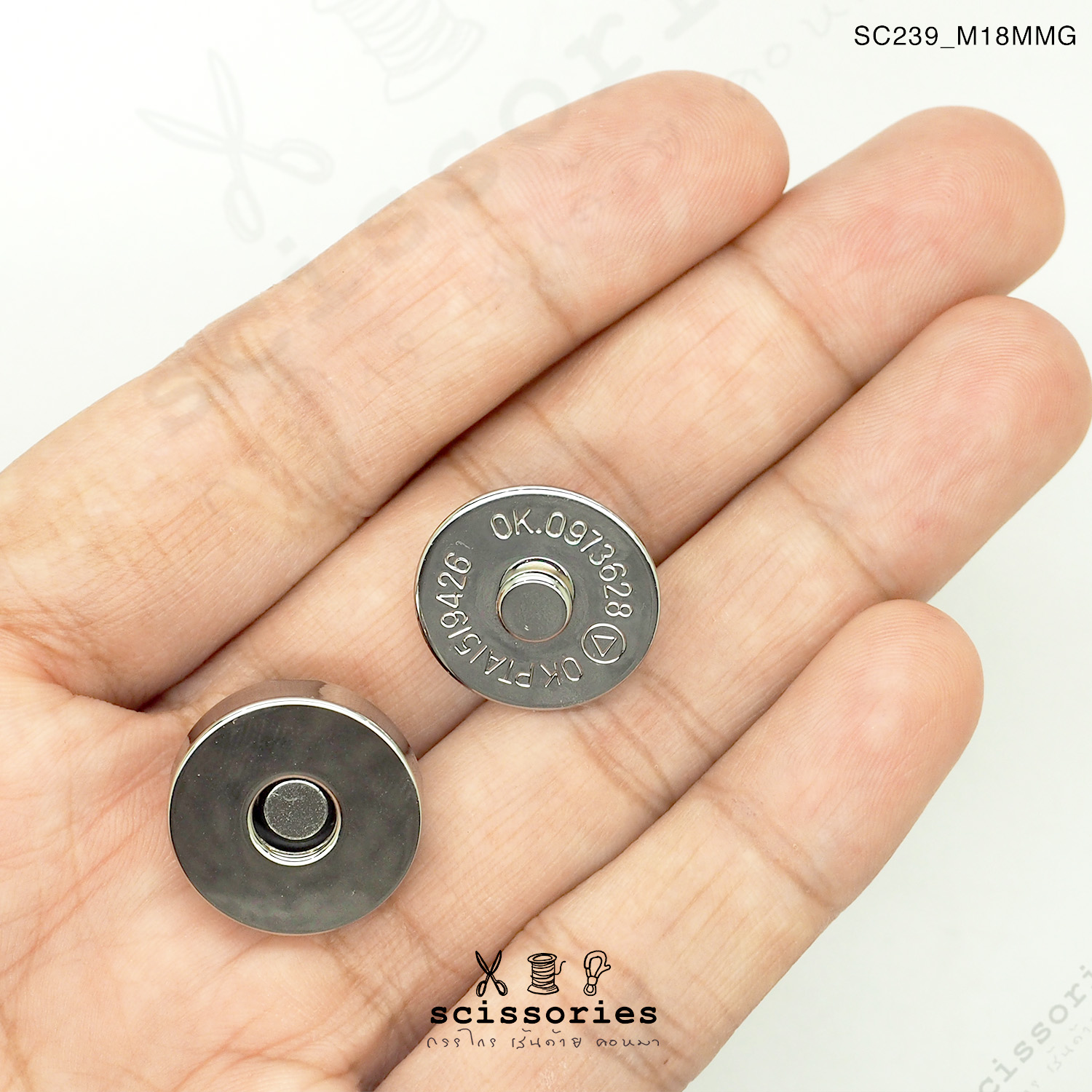 แม่เหล็กติดกระเป๋าหนาหน้าเรียบ 18MM สีเงิน 2 ตัว เกรดดี แบบเน้นแรงดูด