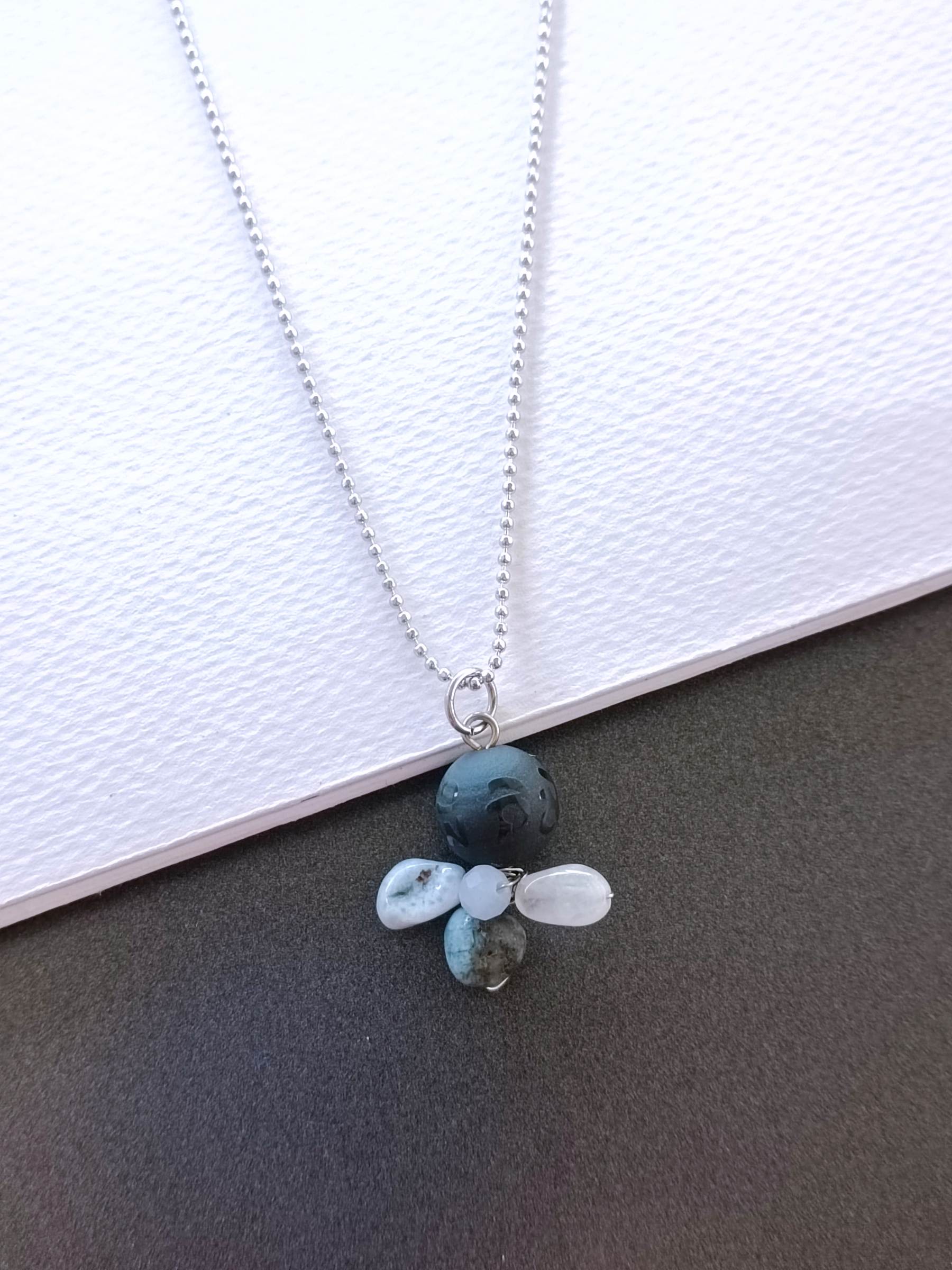 "Little Vivian" สร้อยพร้อมจี้ Black Obsidian +Larimar Necklace ( ปกป้อง คุ้มครอง )