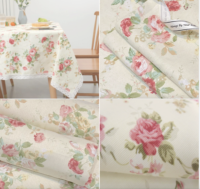 ผ้าปูโต๊ะอาหาร ผ้าปูโต๊ะลายวินเทจ 140x250 cm กุหลาบสีนวลชิฟฟ่อน