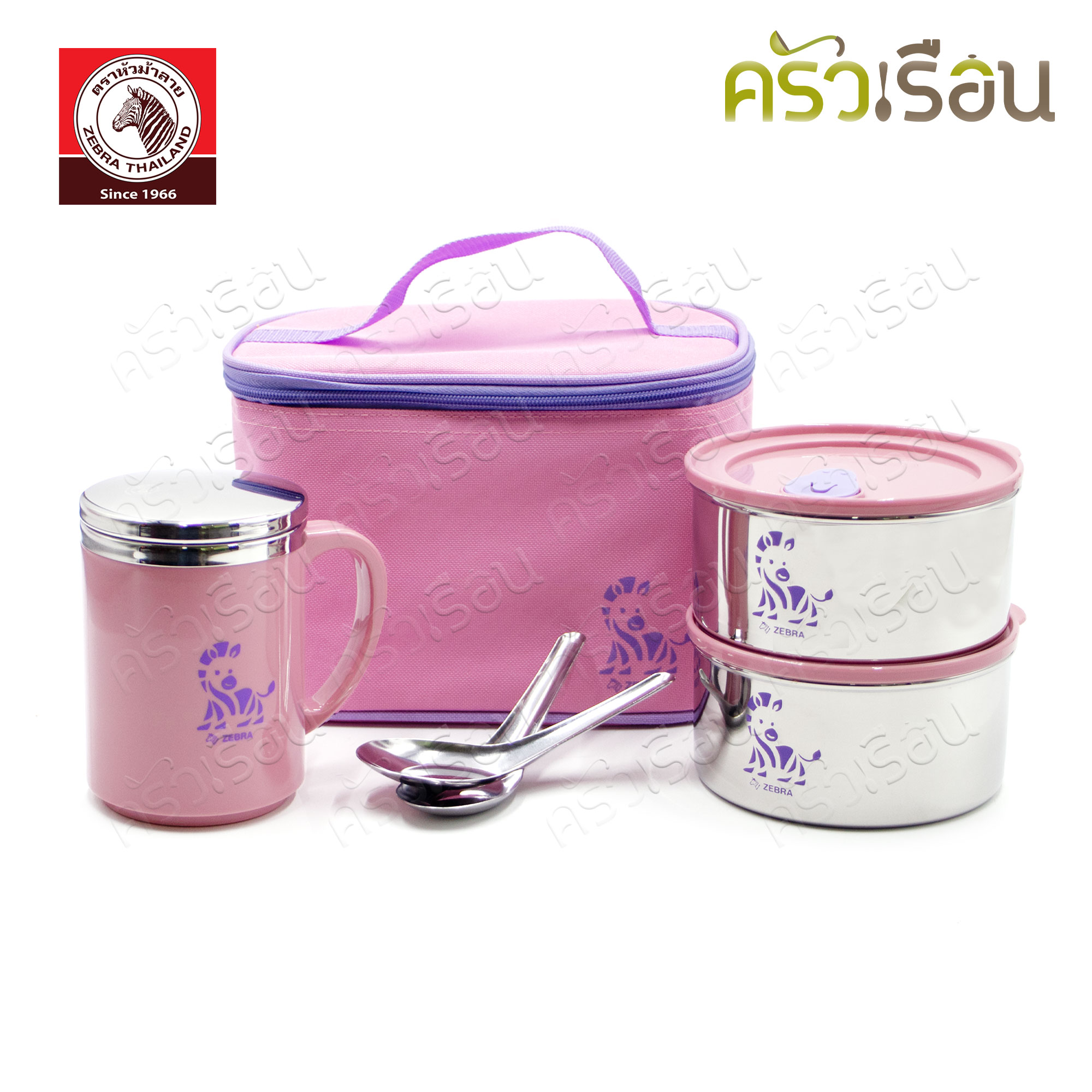 ZEBRA ชุดกล่องถนอมอาหาร Jolly Pink 184355 กล่องกันน้ำหก 2 ใบ, แก้วน้ำพร้อมฝา 1 ใบ, ช้อนสเตนเลส 2 คัน, กระเป๋าเก็บความร้อน 1 ใบ