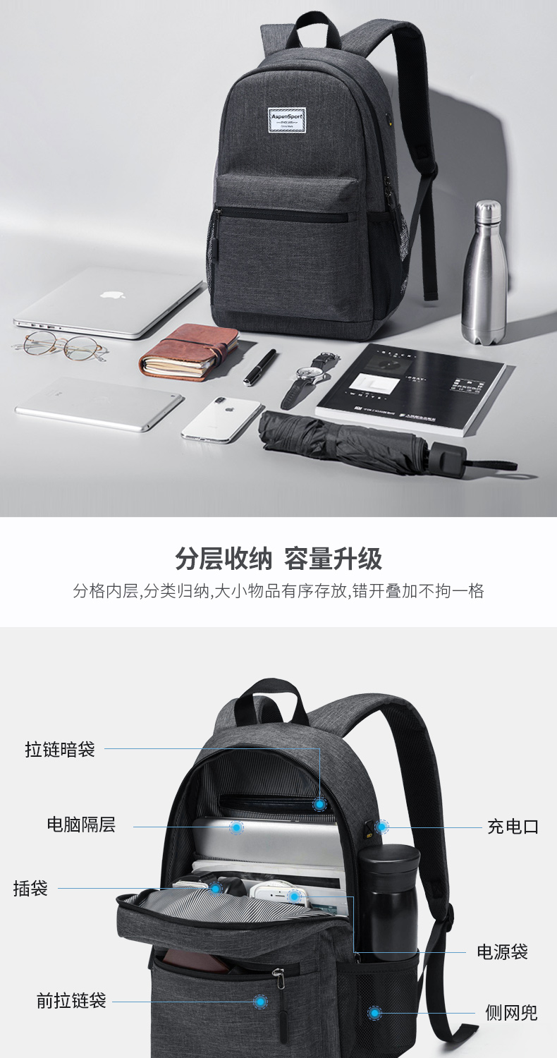 AspenSport Backpack Laptop กระเป๋าสะพายหลัง กระเป๋าโน๊ตบุ๊ค 14-16 นิ้ว กระเป๋าเดินทาง รุ่น AS-B81 ขนาด ดำ-เทา