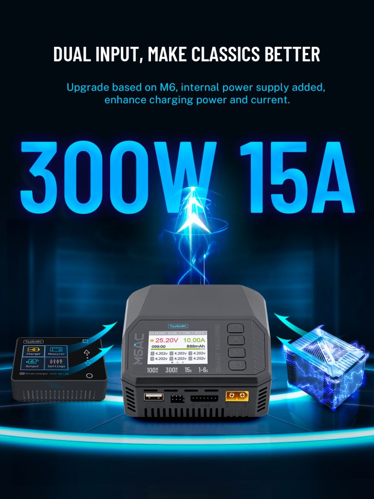 ToolkitRC M6AC 300W 15A Dual Input Multi-function Battery Charger IPS LCD Display For 1-6S Lipo LiHV LiFe, 1-16S NiMH