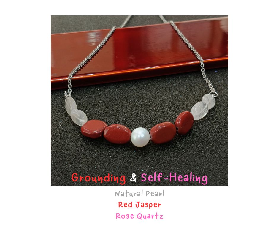 สร้อย "Twisted" ประดับหินแท้ Pearl + Rose Quartz + Red Jasper Necklace (เติมความมั่นใจ เสริมความมั่นคง ความรักตัวเอง)